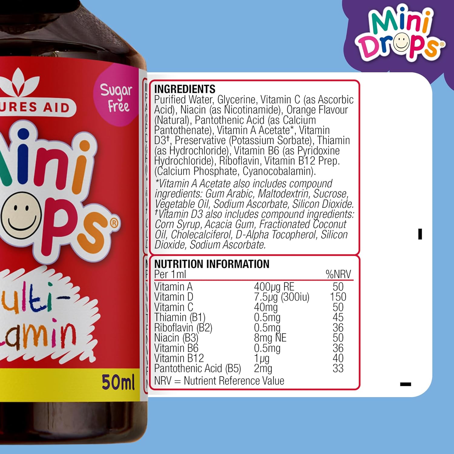 Natures Aid Mini Drops Multi-Vitamin for Babies & Kids 50ml – 9 Essential Vitamins Support Growth & Immune Health for Children Age 0-5 Years Old – Sugar Free Vegan Non-GMO Gluten-Free Dropper Included : Amazon.co.uk: Health & Personal Care
