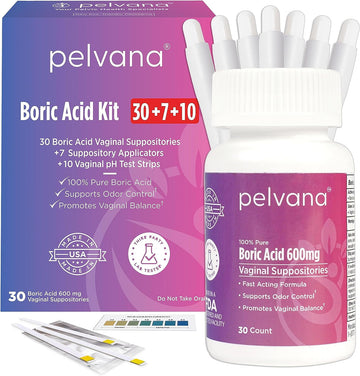 Boric Acid Suppositories For Women 30 + 7 Applicators + 10 Ph Test Strips = 47 Piece Kit For Vaginal Ph Balance, Odor, Itching, & Discharge