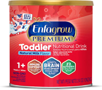 Enfagrow Premium Toddler Nutritional Drink, Made With Real Milk, Brain-Building Omega-3 Dha, Nutrients And Prebiotics For Growth & Immune Support, Non-Gmo, Toddler Milk Powder, 24 Oz Can
