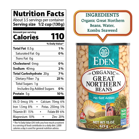 Eden Organic Great Northern Beans, 15 Oz Can, No Salt, Non-Gmo, Gluten Free, Vegan, Kosher, U.S. Grown, Heat And Serve, Macrobiotic, Similar To Cannellini, Smoother
