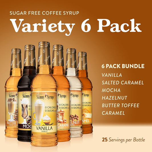 Jordan'S Skinny Syrups Sugar Free Coffee Syrup, Vanilla, Salted Caramel, Hazelnut, Mocha, Butter Toffee, And Caramel Syrups, Zero Calorie Flavoring, 25.4 Fl Oz (Pack Of 6), Sampler Variety Pack