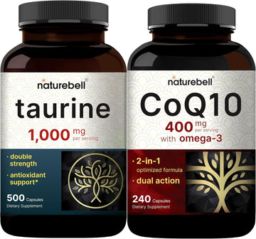 Naturebell Coq10 400Mg With Omega 3 Fatty Acids & Taurine Capsules 1,000Mg Per Serving Bundle Pack | Stable High Absorption Form | Essential Amino Acids Supplement