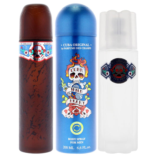 Cuba Wild Heart 3 Pieces Gift Set For Men, (3.4 Ounce Eau De Toilette Spray + 3.4 Ounce After Shave + 6.7 Ounce Body Spray)