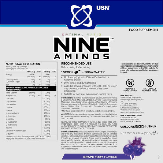 Usn Nine Aminos ā Bcaa Amino Acids & Eaa Essential Amino Acids Powder With Added Magnesium & Coconut Water Powder To Support Recovery And Hydration. Grape Fizzy Pop Flavour (330G ā 30 Servings)