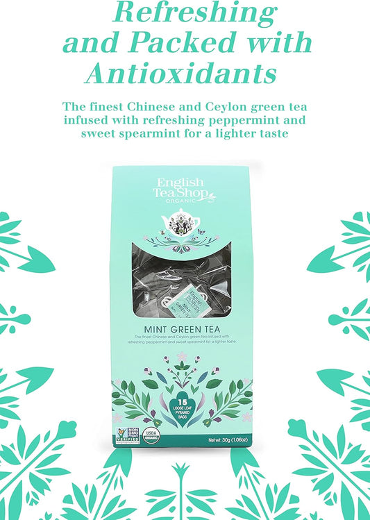 English Tea Shop Mint Green Tea, 15 Fairtrade & Organic Loose Leaf Silken Pyramid Infuser Bags, 30G