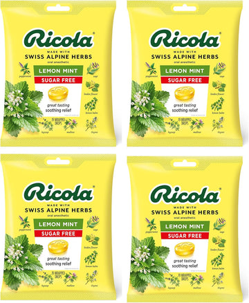 Ricola Sugar Free Lemon Mint Herbal Cough Suppressant Throat Drops | Naturally Soothing Long-Lasting Relief -19 Count (Pack Of 4) Bags
