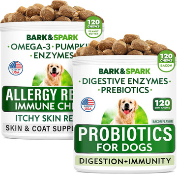 Allergy Relief Dog Treats + Probiotics Bundle - Itchy Skin Relief + Upset Stomach Relief - Omega 3 + Pumpkin + Enzymes + Prebiotics - Seasonal Allergies + Improve Digestion - 240 Chews - Made In Usa