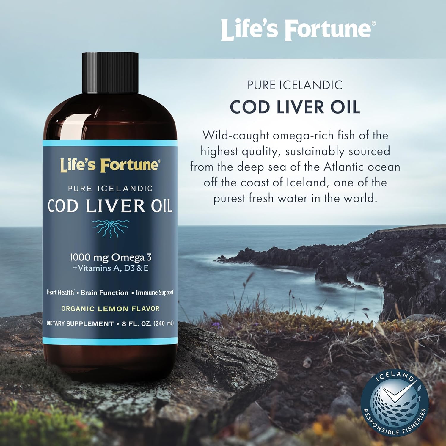 Life'S Fortune Cod Liver Oil Liquid, 1000 Mg Omega-3S, Organic Lemon Flavor Supplement - High Potency Fish Oil With Dha & Epa, Vitamin A, D - Immune Health, Joints, Vision, Skin Non-Gmo, 8 Fl Oz : Health & Household
