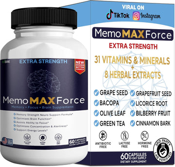 Memomax Force Extra Strength Brain Supplement, 60 Capsules, Memory Focus Support With Vitamins And Minerals (3)