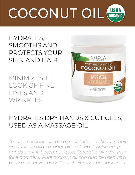velona USDA Certified Organic Coconut Oil Extra Virgin - 2 oz | Food and Cosmetic Grade | in jar | Extra Virgin, Cold Pressed