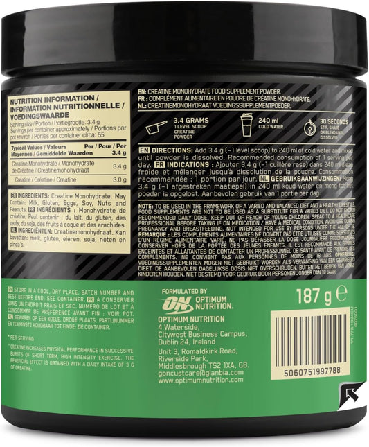 Optimum Nutrition Micronised Creatine Powder, 100% Pure Creatine Monohydrate Powder For Performance And Muscle Power, Unflavoured, 55 Servings, 187 G