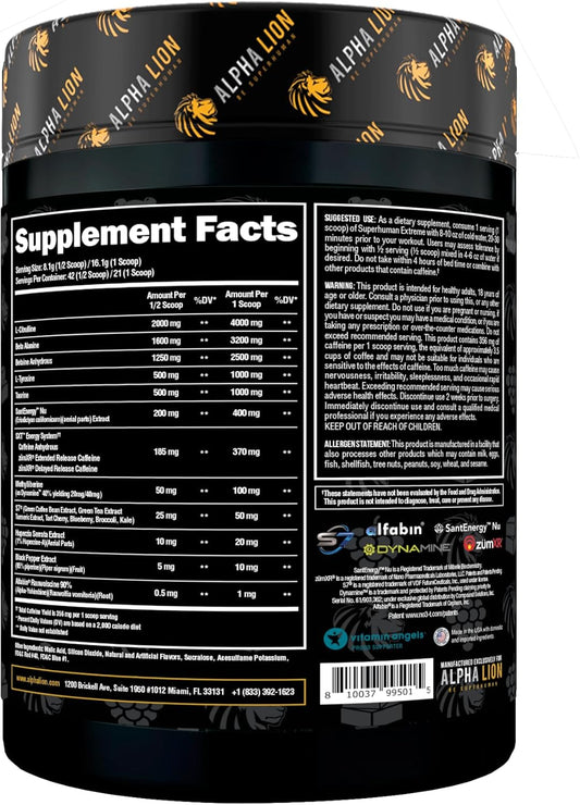 Alpha Lion Superhuman Extreme High Stim Pre Workout Powder, Beta Alanine, L-Taurine & 356Mg Tri-Source Caffeine For Sustained Energy, Nitric Oxide & Citrulline For Pump (21 Servings, Grape Flavor)