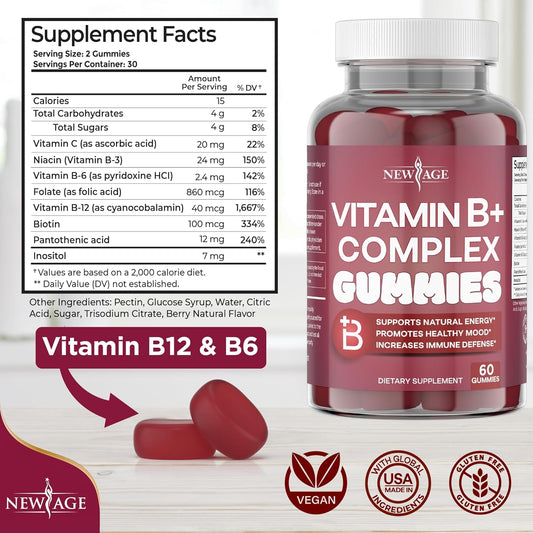 New Age Vitamin B Complex Gummies With Vitamin B3, B5, B6, B7, B9 & B12  With Biotin, Folic Acid & Vitamin C  Gluten-Free, Vegan, Made In The Usa! (60 Count (Pack Of 1))