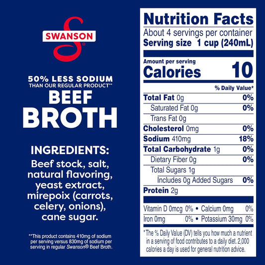Swanson 100% Natural Lower Sodium Beef Broth, 32 Oz Carton