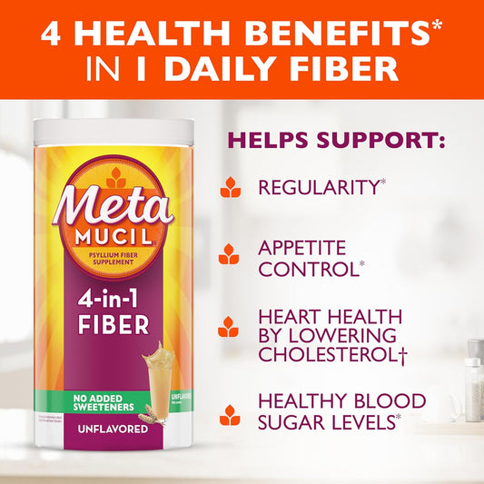 Metamucil, Unflavored Psyllium Husk Powder Fiber Supplement, Plain Wih No Added Sweeteners, 4-In-1 Psyllium Husk Fiber Powder For Digestive Health, #1 Doctor Recommended Fiber Brand, 114 Teaspoons