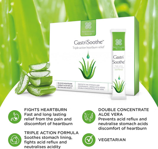 Healthspan Gastrisoothe Heartburn & Acid Reflux (24 Sachets) | Triple-Action Formula Soothes Stomach Lining, Fights Acid Reflux & Neutralises Acidity | Aloe Vera | Mint Flavour | Vegetarian