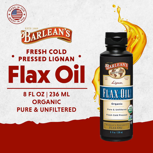 Barlean'S Organic Lignan Flaxseed Oil Liquid Supplement From Cold Pressed Flax Seeds, 7,230 Mg Ala Omega-3 Fatty Acids For Skin And Hair Care, Vegan & Gluten Free, 8 Oz