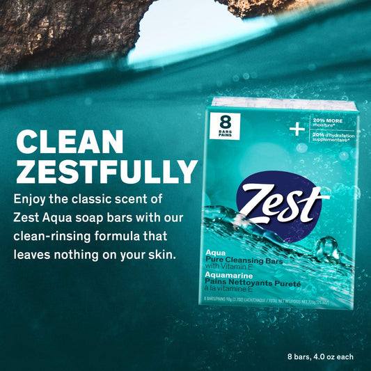 Zest Invigorating Aqua Bar Soap - 8 Bars - Refreshing Rich Lather Rinses Your Body Clean And Leaves You Feeling Moisturized With Vitamin E For Smooth, Hydrated Skin