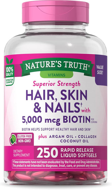 Nature'S Truth Hair, Skin & Nails Vitamins | 5000Mcg | 250 Softgels | Includes Collagen, Biotin And Coconut Oil | Non-Gmo & Gluten Free Supplement For Women And Men