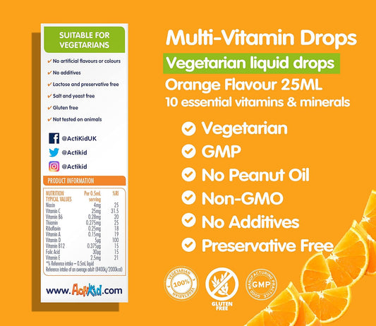 Actikid Multi-Vitamin Drops 25Ml, Gelatine Free (Vitamin Drops For Babies, Infants And Children), Immunity Boost