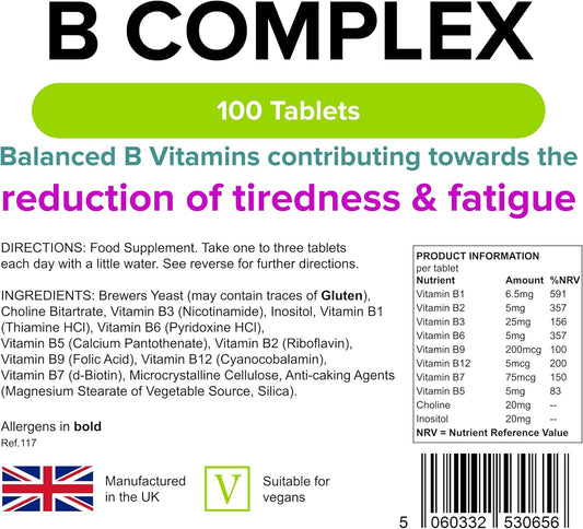 Lindens Vitamin B Complex, 100 Tablets - with 8 B Vitamins, B1,B2,B3,B5,B6,B7,B9,B12 - Reduce of Tiredness & Fatigue, Immune Support - UK Made, Vegan, GMP & Letterbox Friendly : Amazon.co.uk: Health & Personal Care