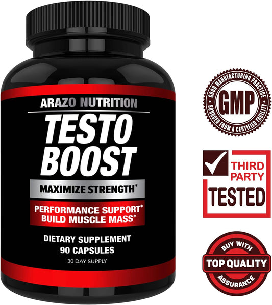 Arazo Nutrition Testoboost Test Booster Supplement - Potent & Natural Herbal Pills - Boost Muscle Growth - Tribulus, Horny Goat Weed, Hawthorn, Zinc, Minerals