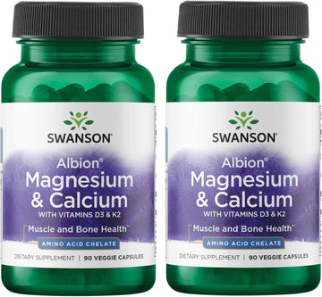 Swanson Albion Chelated Magnesium '&' Calcium 2:1 90 Veg Capsules (2 Pack)