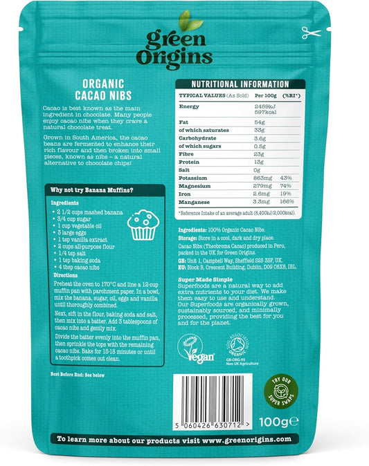 Green Origins Organic Cacao Nibs, Raw 90g : Amazon.co.uk: Grocery