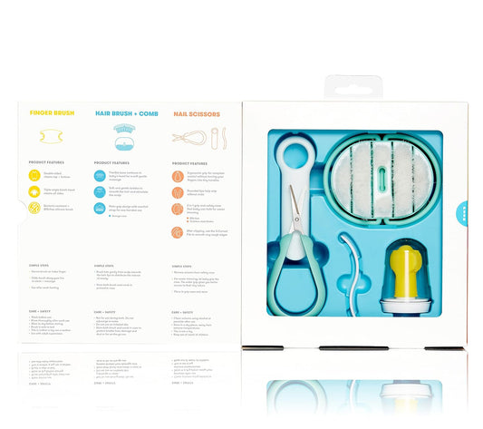 Frida Baby Grooming Kit Includes Finger Brush with Storage Stand Hair Brush with Case Styling Hair Comb Easy Grip Nail Scissors with Nail File and Case