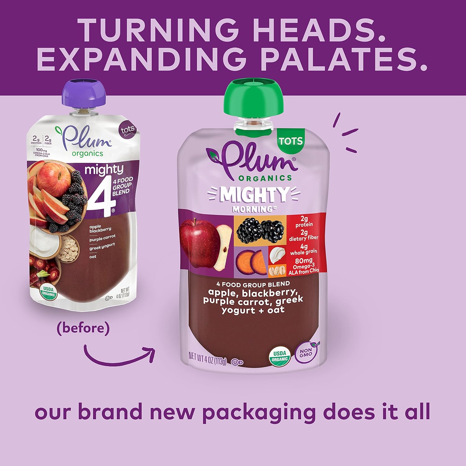 Plum Organics Mighty Morning Organic Toddler Food - Apple, Blackberry, Purple Carrot, Greek Yogurt, and Oat - 4 oz Pouch (Pack of 4) - Organic Fruit and Vegetable Toddler Food Pouch : Everything Else
