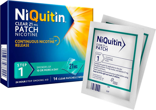 Niquitin 21 Mg Nicotine Patch - Step 1 - Stop Smoking Aid Therapy - 14 Clear Patches For 2 Weeks Treatment - 24H Craving Control - Invisible Nicotine Patches (Pack Of 2)