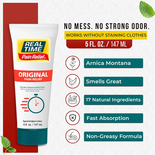 Real Time Pain Relief Cream 5Oz Tube | 17 Natural Ingredients: 1.25% Menthol, Arnica & Msm | Muscle Strain & Joint Discomfort Relief For Arthritis, Cramps, Sprains, Bruises, Hands, Back & Knee Pain