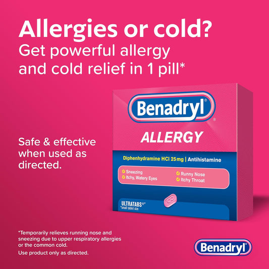 Benadryl Ultratabs Antihistamine Allergy Relief Medicine, 25 Mg Diphenhydramine Hcl Tablets For Relief Of Cold & Allergy Symptoms Such As Sneezing, Runny Nose, & Itchy Eyes & Throat, 48 Ct