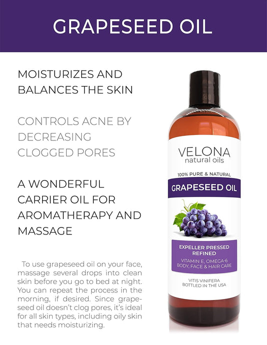 Grapeseed Oil By Velona - 32 Oz | 100% Pure And Natural Carrier Oil | Refined, Cold Pressed | Cooking, Skin, Face, Body, Hair Care | Use Today - Enjoy Results