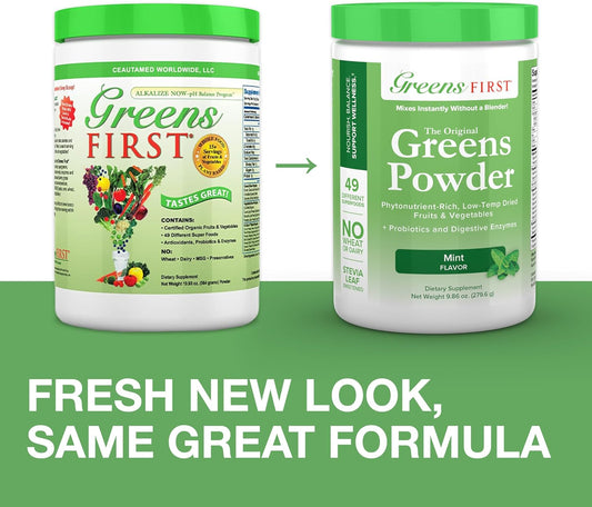 Greens First - Mint - 30 Servings - Greens Powder Superfood, 49 Superfoods, 15+ Organic Fruit & Vegetables, Antioxidant Smoothie Mix Supplement, Dairy Free, Vegan & Non-Gmo - 9.86 Oz