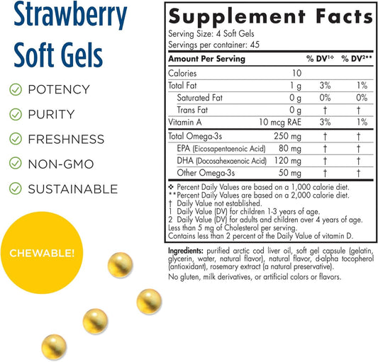 Nordic Naturals Pro DHA Junior, Strawberry - 180 Mini Chewable Soft Gels - 250 mg Total Omega-3s with EPA & DHA - Brain Development & Visual Function - Non-GMO - 45 Servings