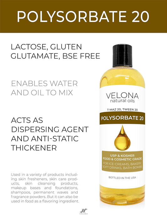 Polysorbate 20 by Velona - 2 oz | Solubilizer, Food & Cosmetic Grade | All Natural for Cooking, Skin Care and Bath Bombs | Use Today - Enjoy Results