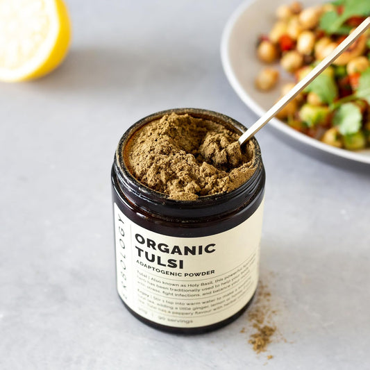 100% Organic Tulsi Powder 180G - Holy Basil - Calm And Mood - Straight From Farm In India - Raw And Vegan - Non-Gmo - No Additives Or Preservatives - Recyclable Glass Jar