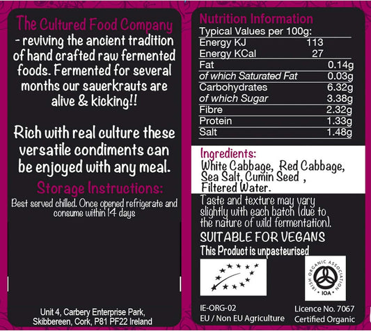 The Cultured Food Company - Organic Ruby Red Sauerkraut 1Kg Jar - 100% Natural Ingredients- Raw & Unpasteurised - Probiotic Rich - Traditionally Fermented Red Cabbage- Handmade - No Preservatives