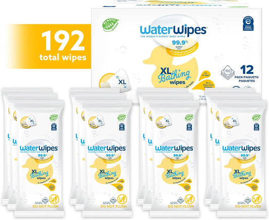 Waterwipes Plastic-Free Xl Bathing Wipes For Toddlers & Babies, 99.9% Water Based Wipes, Unscented & Hypoallergenic For Sensitive Skin, 192 Count (12 Pack), Packaging May Vary