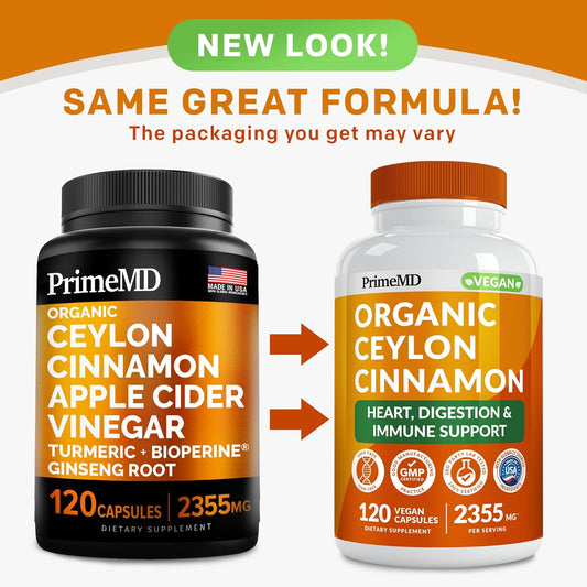 5-In-1 Ceylon Cinnamon Capsules 2355Mg With Apple Cider Vinegar, Turmeric And Panax Ginseng Capsules - Cinnamon Supplements With Bioperine (120 Count(Pack Of 2))