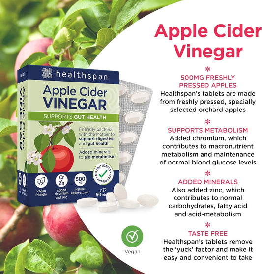 Healthspan Apple Cider Vinegar 500Mg | Friendly Bacteria | Metabolism Support | Added Zinc & Chromium | Vegan (60 Tablets)
