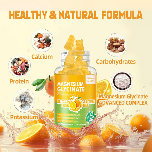 90 Ct Magnesium Glycinate Gummies 1000Mg - Sugar Free Magnesium Potassium Supplement With Vitamin D, B6, Coq10 For Calm Mood & Sleep Support - 90 Orange Gummies