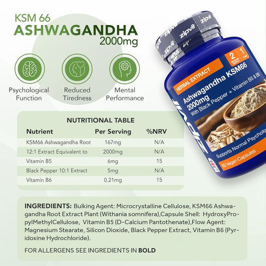 Zipvit Ashwagandha KSM 66 2000 mg with Vitamin B6, B5 & Black Pepper, High Strength Ashwagandha Root Extract, 60 Vegan Capsules, 2 Months Supply : Amazon.co.uk: Health & Personal Care