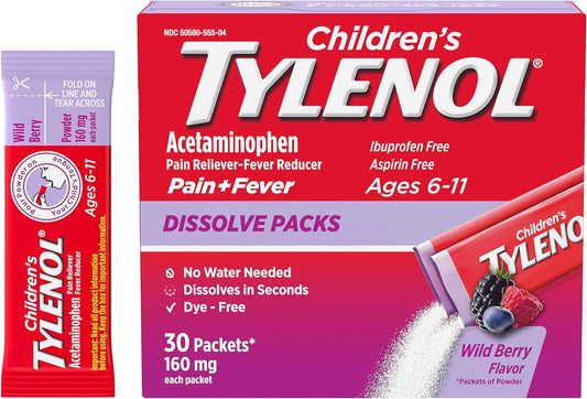 Tylenol Children'S Dissolve Packs For Pain Relief, Fever Medication, 160 Mg Acetaminophen, Dye Free, Kids' Powder Packets For Cold & Flu Symptom Relief; Wild Berry Flavor, 30 Ct.; Pack Of 1