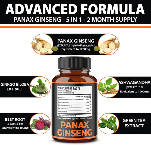 Zolotus Korean Red Panax Ginseng + Ginkgo Biloba - 2800Mg Extra Strength With Ashwagandha, Beetroot, Green Tea - Support Strength, Stamina, Energy Production & Mood Balance - 120 Capsules
