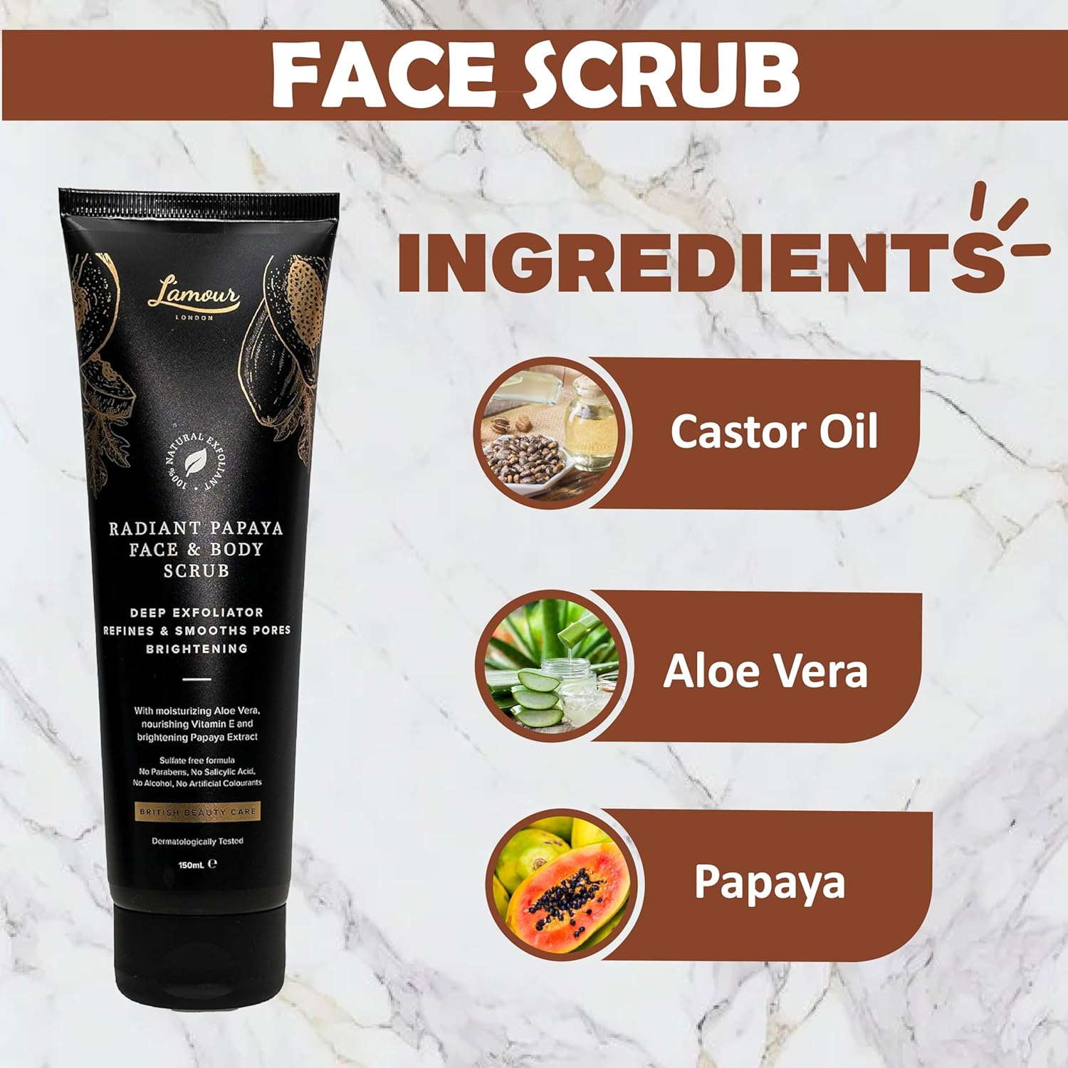 L'amour Natural | Luxury Face & Body Scrub | Vegan | Paraben & SLS Free | Exfoliating | Deep Cleanser |150ml (Papaya) : Amazon.co.uk: Beauty