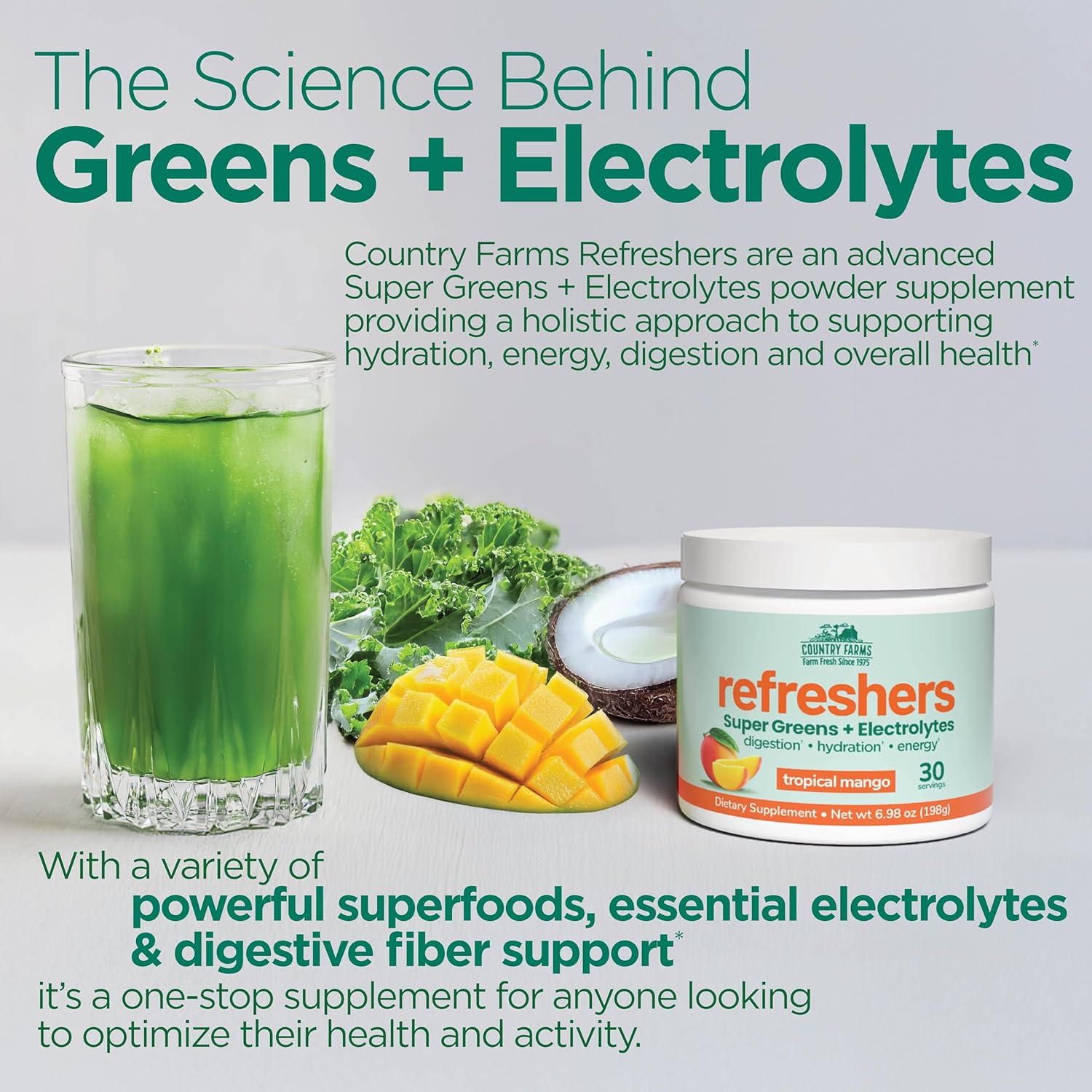Country Farms Super Greens Natural Flavor, 50 Organic Super Foods, Usda Organic Drink Mix, Fruits, Vegetables, Super Greens, Mushrooms & Probiotics, Supports Energy, 20 Servings, 10.6 Oz