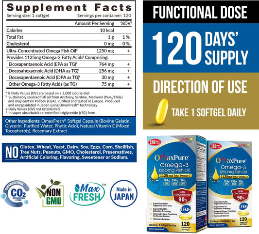 Labo Nutrition Omaxpure Omega3 Fish Oil - 1125Mg Omega 3 Ifos Certified - High Potency Rtg Omega Fish Oil Supplement With Dha & Epa - 120 Softgels
