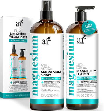 Artnaturals Magnesium Oil Spray 12 Oz + Body Lotion Set 8Oz - Extra Strength Ultra-Pure Soothing Relief & Relaxation For Better Sleep, Muscle Health Leg & Joint Care W/A Less Itch, Non-Greasy Formula